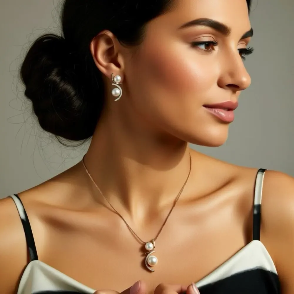 Formal Party Faux Pearls Rhinestone RoseGold Chain Elegant NecklaceEarrings Set